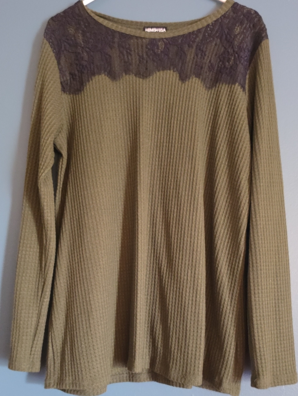 Olive Green Waffle Knit Crew Sweater with Dark Lace Yoke